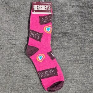Hershey's Womens Pink Fuzzy Crew Socks Chocolate Bar Hearts Size 5-9.5